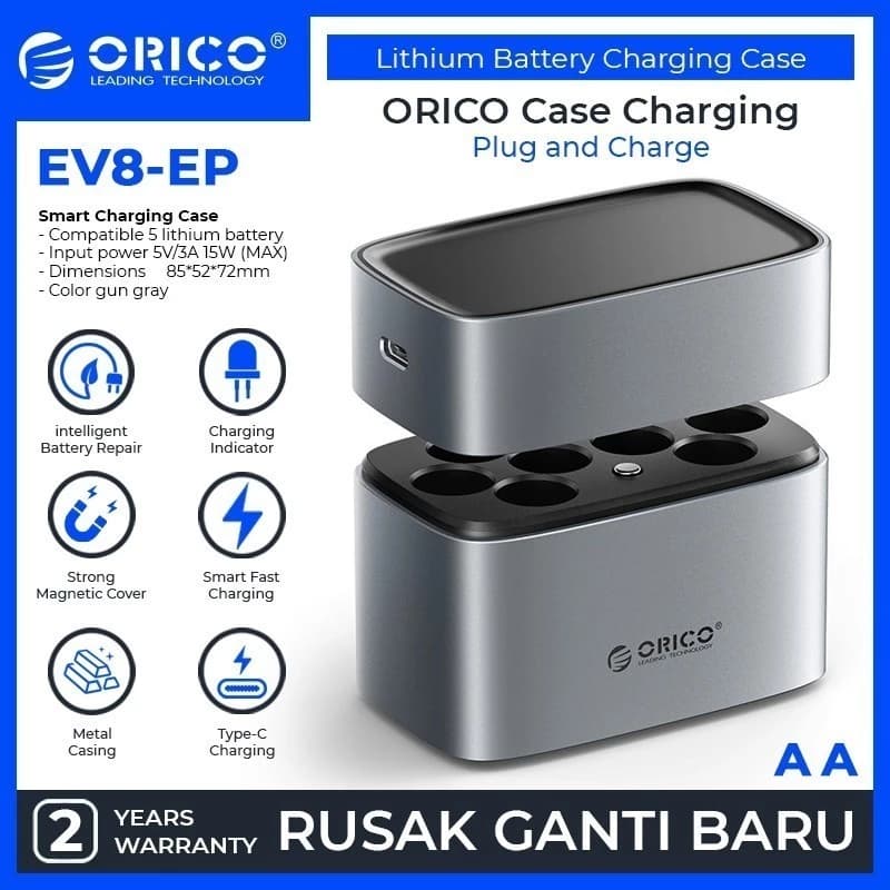 ORICO 8 Slot AA Battery Charger Box 5V 3A Type C Charger for Rechargeable AA Lithium Quick Charge Magnetic Cover LED Display - EV8