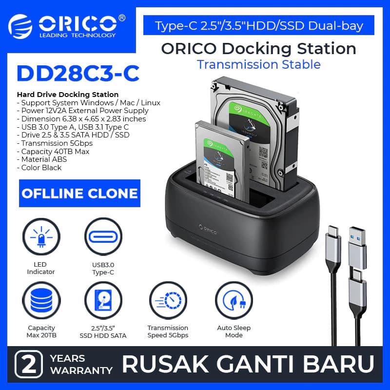ORICO Type C to Type C/A USB3.2 Gen1 2.5/3.5 inch HDD and SSD Hard Drive Dock - DD28C3-C