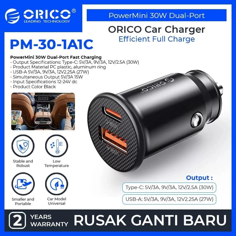 ORICO PowerMini 30W Dual Port Fast Charging Car Charger - PM-30-1A1C