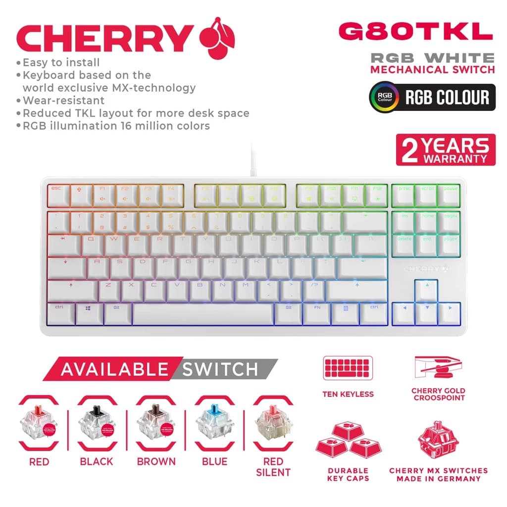 Cherry Mechanical Gaming Keyboard TKL RGB WHITE - G80-3000S