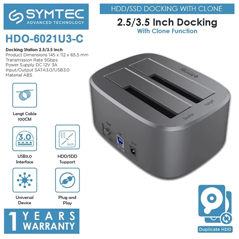 SYMTEC Dua Bay 2.5/3.5 USB3.0 HDD/SSD Docking Cloning- HDO-6021U3-C