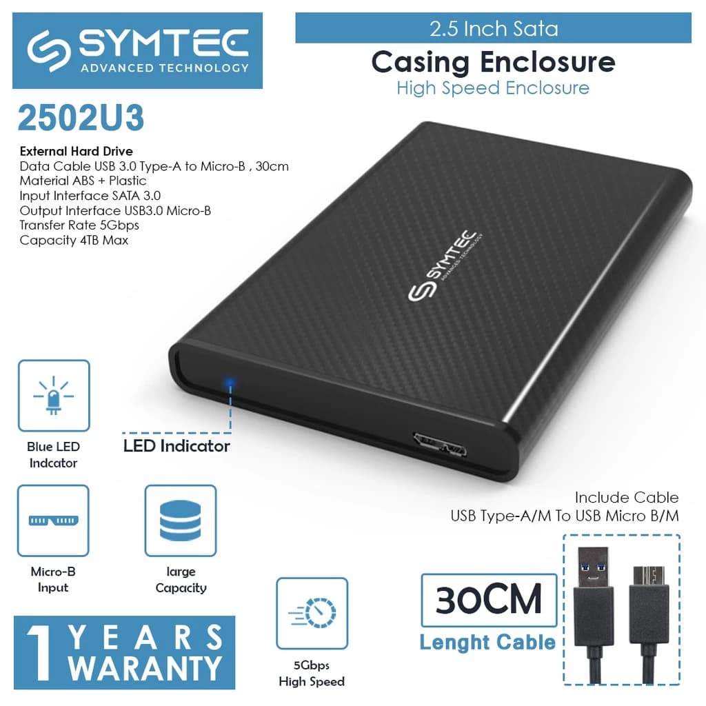 SYMTEC 2.5 Inch Hard Drive HDD SSD SATA Casing Enclosure - HDE-2502U3