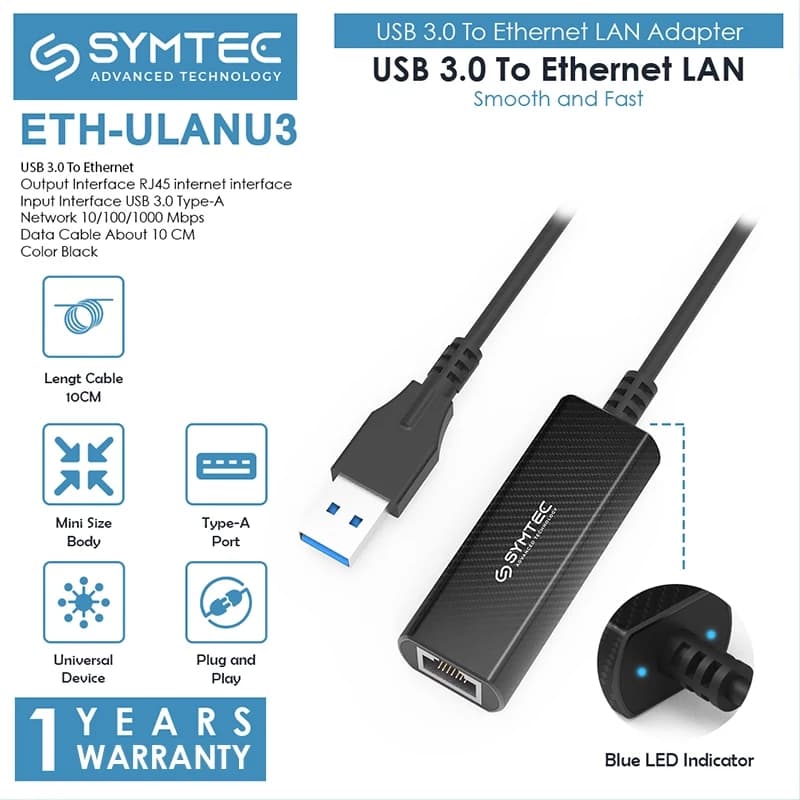 SYMTEC USB 3.0 To Ethernet LAN Adapter - ETH-ULANU3